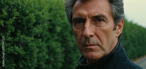  a man standing in front of a row of green bushes with a serious look on his face as he stares at the camera.
