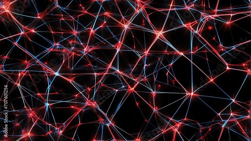 Seamless pattern of network connections of neon nodes and lines red lighting on black background texture from Generative AI