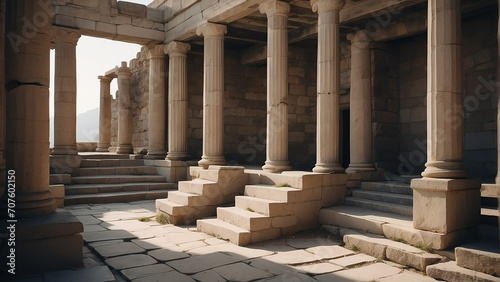 Interior of ancient greek architecture ruins with columns and stairs from Generative AI