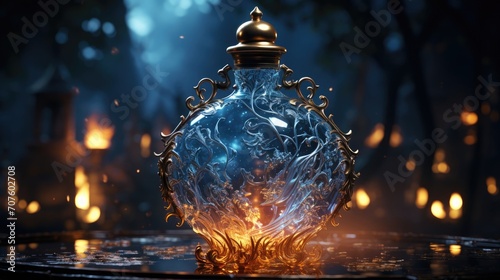 Burning magic potion in crystal bottle. Halloween witchcraft and alchemy concept