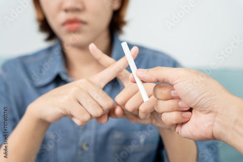 No smoking. Woman stop smoke, refuse, reject, break take cigarette, say no. quit smoking for health. world tobacco day. drugs, Lung Cancer, emphysema , Pulmonary disease, narcotic, nicotine effect