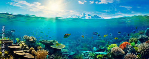 Panoramic view of an underwater world with a majestic mountainous landscape above it. Marine life swimming above a rich coral reef teeming with fish. Ecosystem. Travel. Diving, snorkeling.