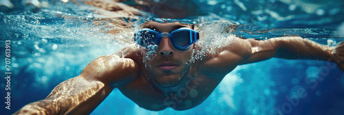 man in swimming goggles is underwater while swimming, generative AI