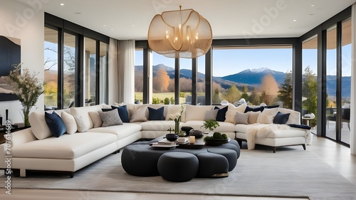 modern living room with fireplace,Lovely interior design for the living room of a brand-new, opulent house with an open floor plan. displays the dining area, kitchen, and wall of windows with a breath