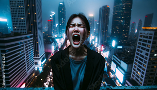 Joven mujer liberando un grito poderoso en medio de la noche urbana, una expresión intensa de emoción y energía contra un fondo de rascacielos iluminados.