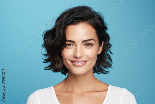 Beauty portrait of young smiling woman over blue background. Brunette girl with perfect skin.
