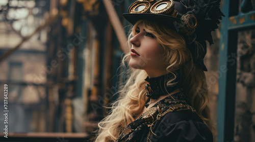 A steampunk woman with flowing blonde hair wears dark Victorian goggles and a black and gold-trimmed Victorian dress