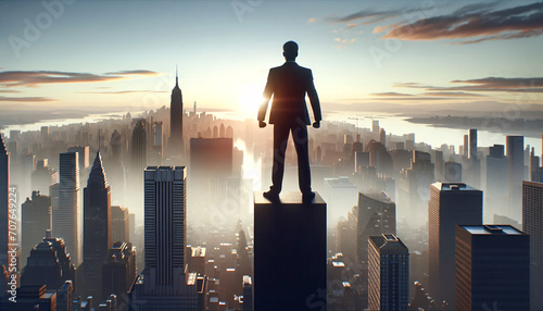 Un líder ante la metrópoli: hombre de negocios ideal contemplando el horizonte urbano al amanecer, simbolizando visión, éxito, grandes metas y aspiraciones profesionales.