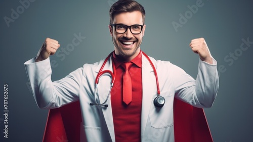 Doctor wearing red red cape as superhero , power Help others, hope and motivation for medicine