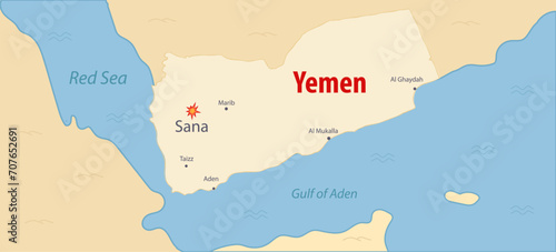 Yemen map with main cities Sana under the attack and Red sea. strikes Houthis in Yemen illustration. Colored map of Yemen area with other land