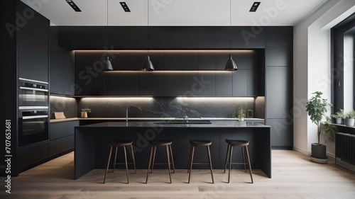 Black kitchen in minimalist studio apartment