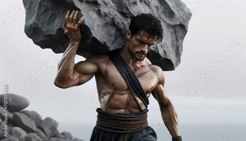 Un hombre de asombrosa musculatura desafiando la gravedad al levantar una enorme roca, representando la máxima expresión de fuerza, resistencia y determinación humana.