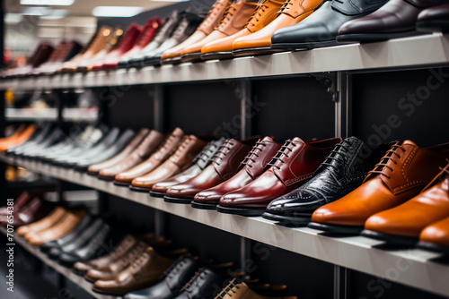 Leather shoes were lined up on the store shelves. Men elegant shoes in a man boutique. Models sold at a discount.