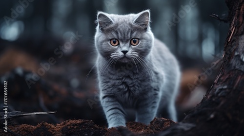 mystic grey cat in the forest
