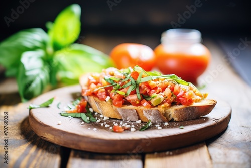 tomato bruschetta with garlic and basil on a rustic table