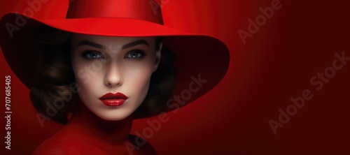 Elegant lady in wide brimmed hat with red lips makeup on burgundy background. Young and beautiful woman is ready for vacation or party. Retro fashion concept. Banner with copy space