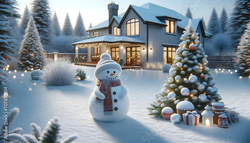 Muñeco de nieve en un paisaje invernal mágico y una casa adornada con luces festivas invitan a celebrar el espíritu de la navidad y las tradiciones familiares bajo ambiente lleno de alegría y calidez.