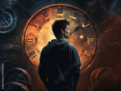 Young man with an illustration of a Clock in the background, Concept the passage of time. Life cycle concept of the Generation of Man. Clock in the background. 