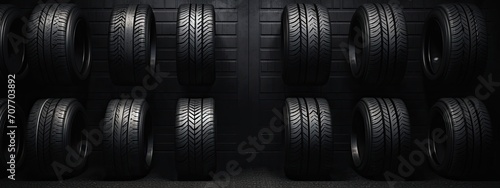 car tire background, tire line in shelves on wall, dark grey black banner, concept of tire selling buying business, auto repair center fixing garage