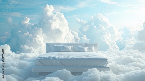 A white bed is made with white bedding against a background of clouds