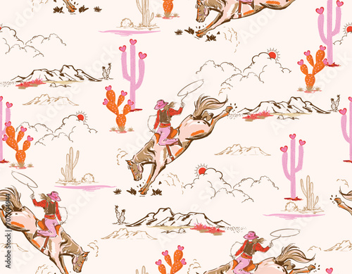 Cute Rodeo Cowgirl seamless vector pattern. Howdy Cowboy boots, in desert repeating background. Wild West surface pattern design Wild West surface