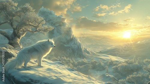 A lone wolf standing on a snowy ridge, its fur ruffled by the cold wind, an expansive winter forest stretching out behind it. Generative AI
