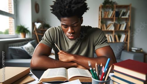 Joven Estudiante Afroamericano Concentrado en su Estudio, la Lectura y Preparación de Exámenes en el Escritorio de su Habitación con Libros, Apuntes y Deberes de Universidad