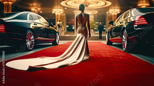 Red carpet event and arrival of woman in long evening dress. Postproducted generative AI illustration.