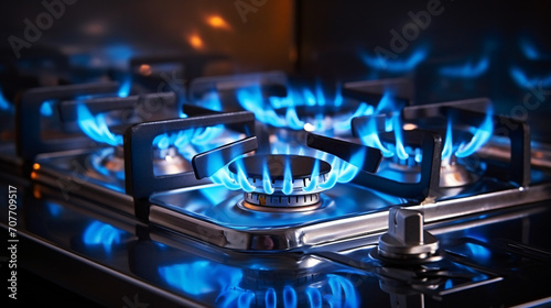Kitchen gas stove burner with blue flame transparency