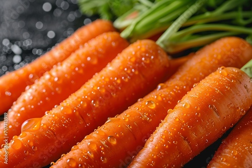 Close-up, several carrots with water droplets on them.