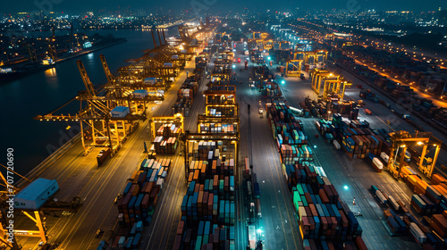 Aerial view of a busy container port at night illuminated by floodlights and bustling with activity.