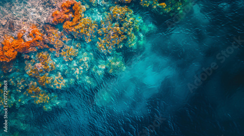 Aerial view of a colorful coral reef in a crystal-clear ocean teeming with marine life.