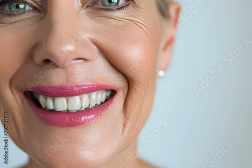 A close-up shot of the lower portion of a mature woman's face. She Charming smile with immaculate teeth for dental service promotions
