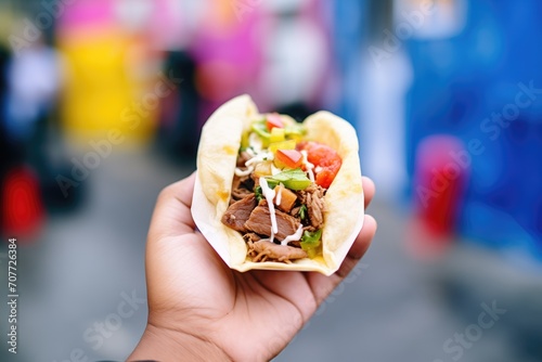 person holding a paper-wrapped beef taco at food truck