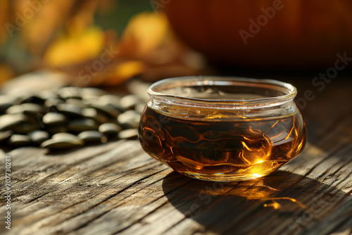 Raw pumpkin seed oil in a glass bowl