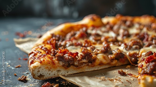 A slice of crispy pizza with meat and cheese copy. Ai generative