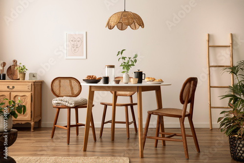 Interior design of dining room with round table, rattan chair, wooden commode, poster and kitchen accessories. Beige wall with mock up poster. Home decor. Template.
