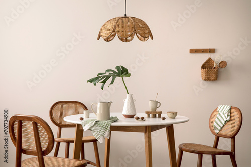 The stylish dining room with round table, rattan chair, lamp and kitchen accessories. Green leaf in vase. Beige wall. Home decor. Template.