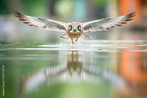 kestrel hovering by water reflection