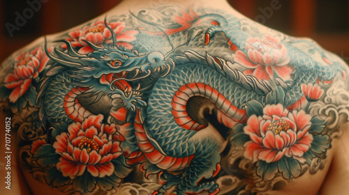 Asian tattoo art, closeup of colorful dragon patterns on the body.