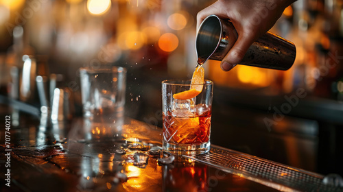 Close-up of a bartender pouring whiskey into a glass with ice cubes