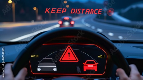 Smart Car Safety Alert on Dashboard. A close-up of a car's dashboard display alerting the driver to maintain a safe distance.
