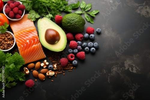 Healthy eating: selection of antioxidant group of food rich in Omega-3. Healthy eating: selection of antioxidant group of food frame. Copy space. Healthy food for the heart. Dietary food. On a black 