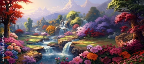 Picturesque summer landscape with waterfalls on the river, flowers on the river bank against the background of remote mountains, paradise