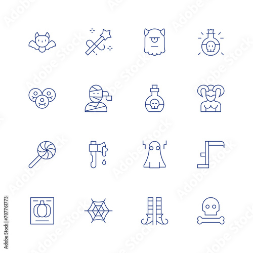 Halloween line icon set on transparent background with editable stroke. Containing bat, halloween candy, halloween, monster, poison, ghost, witch, infectious, magic wand, satyr, mummy, scythe, axe.
