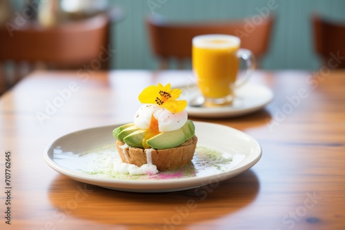 muffin with poached egg and avocado slices on top