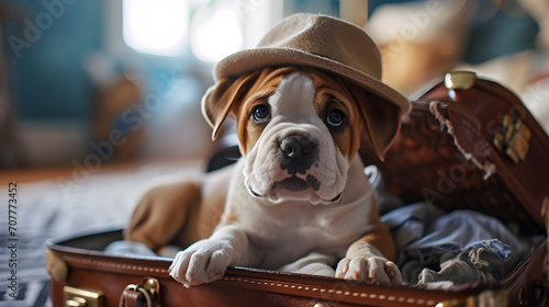 Adorable Bulldog puppy in hat in a relaxed pose inside a suitcase, pets are part of the trip. generative AI
