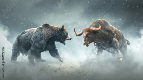 Bear fighting with bull for concept of stock market exchange trend condition or financial technology, bull and bear.