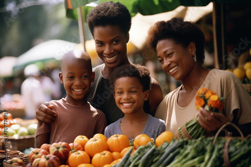 Joyful African American family of two mothers with two boys sharing a happy moment while shopping at a local farmer's market. 