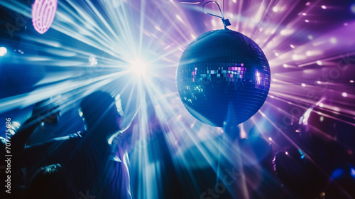 Disco Ball In Strobe Lights At Night Club Party, People Dancing 